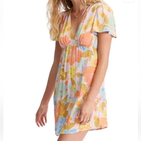 Billabong Short & Sweet Floral Print Flutter Sleeve Babydoll Dress Sorbet XS NEW - Picture 2 of 13